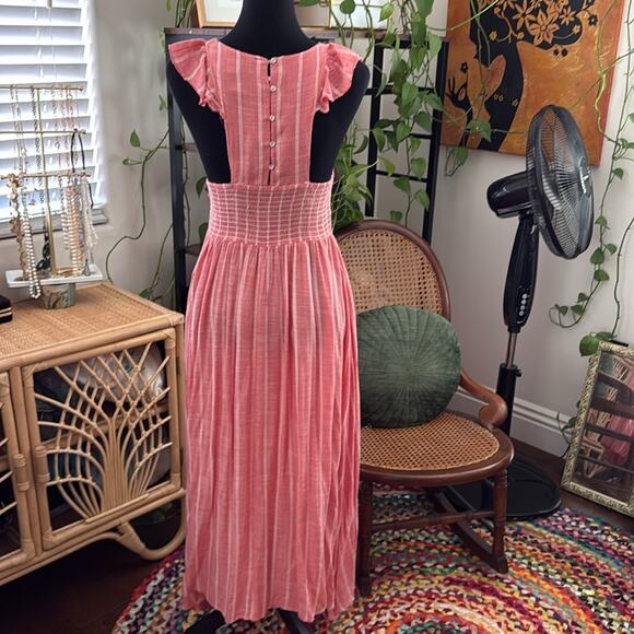 Free People Chambray Butterflies Washed Red White Striped Button Back Midi Dress - Picture 2 of 5